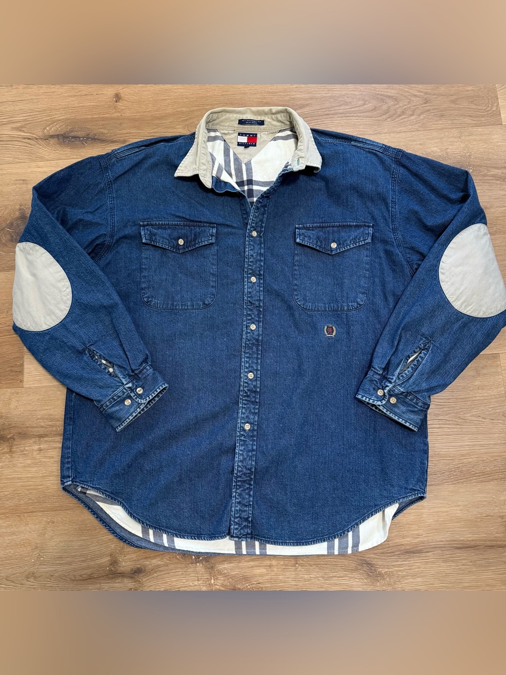 Vintage 1990s Tommy Hilfiger Crest Flannel Plaid Lining Denim Shirt Jacket XL